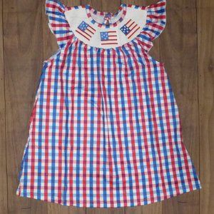 Boutique 4th of July Girls Embroidered US Flag Smocked Gingham Dress